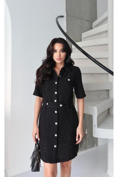 Serica Moda Black Tweed Fabric Belted Shirt Dress