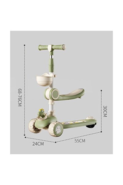 Flippy 3-in-1 Multifunction Kids Scooter 1-7 yrs, Lights & Music, 360° Adjustable, Beige/Green