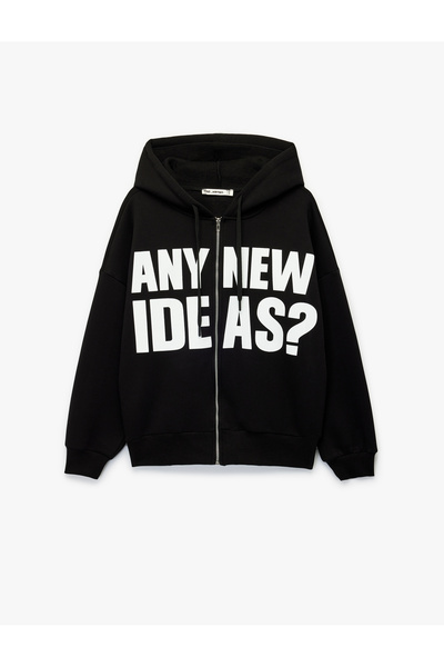 Koton Hooded Long Sleeve Printed Oversized Zippered Cardigan