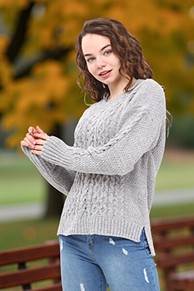 Qlees Fashion Pulover de iarnă pentru femei Buklet tricotat cu model guler rotund Pulover din tricot gri