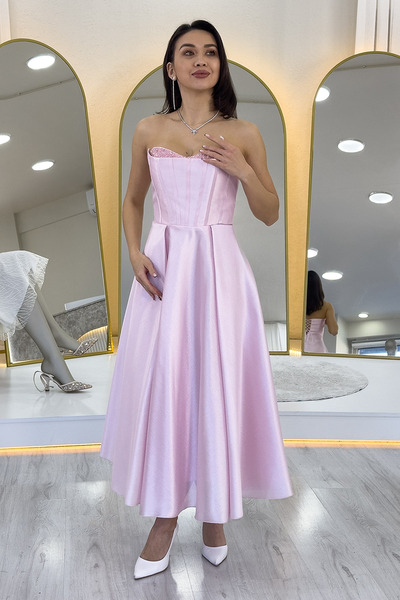 thezkscom Kadın Straplez Korse Görünümlü Prenses Abiye Elbise Siyah,Beyaz,Bebe Mavi,Lacivert,Pembe,Lila,Saks