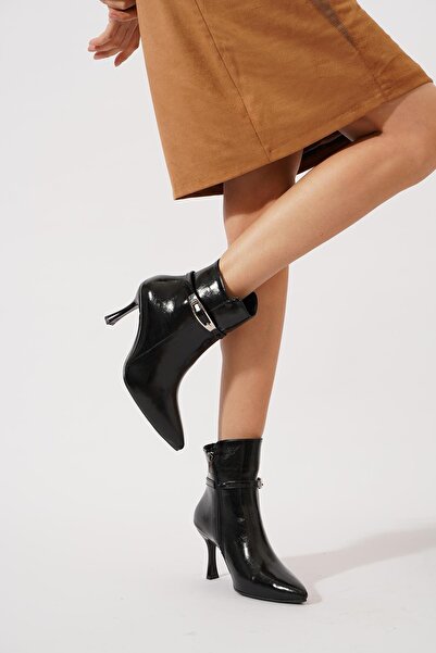 Moda Pie Delsan Yan Tokalı İnce Ökçe Kadın Topuklu Bot Siyah Kırısık