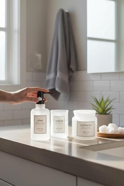 ANJEAHOME Alba 3 Piece Glass Luxury Bathroom Set |   Gray Soap Dish, Toothbrush Holder and Cotton Ball Holder |   Stylish Bathroom Organizer