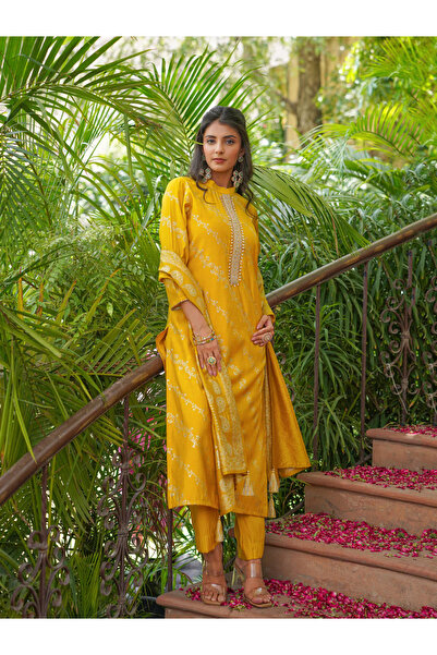 ZERE Yellow Silk Blend Floral Printed 3-Piece Kurta Set