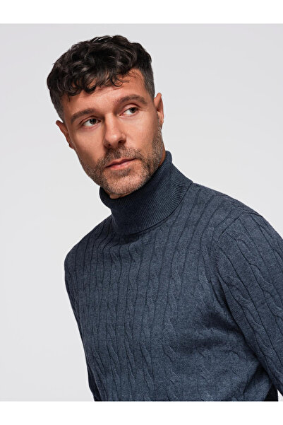 OMBRE Pulover de golf tricotat cu împletitură pentru bărbați - Bleumarin V3 OM-SWTN-0157