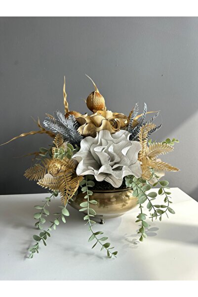 Luvienn Flat Antique Gold Cream White Magnolia Flower Arrangement - Vase Flower Table Flower