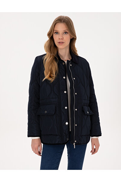 Pierre Cardin Navy Blue Velvet Collar Quilted Comfort Fit Coat 50314035-Vr033