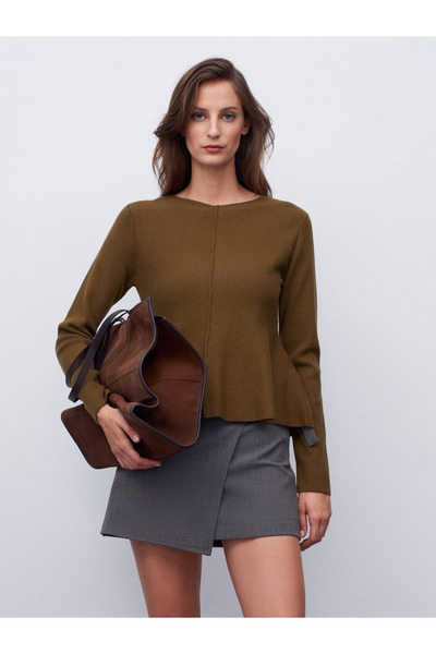 Dilvin 10824 Плетен топ с пеплум и велосипедна яка - каки