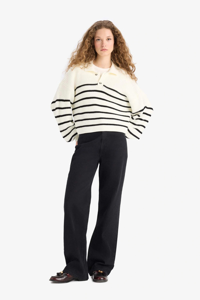 DeFacto C4918Axer103 Ecru Coool Relax Fit Polo Neck Buttoned Striped Knit Sweater