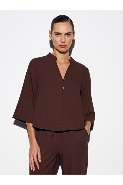 Dilvin 50530 V Yaka Düğmeli Bluz-Kahve