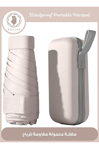 KHAJUL Mini Umbrella with Capsule Case Sunshine UPF50 for Rainy and Sunny Days Beige