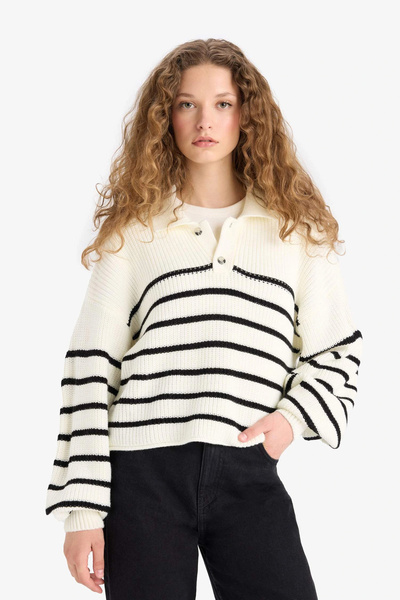 DeFacto C4918Axer103 Ecru Coool Relax Fit Polo Neck Buttoned Striped Knit Sweater