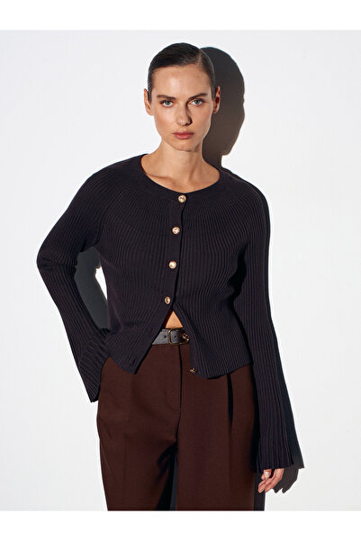 Dilvin 60246 Ισπανικό πλεκτό πουλόβερ ζακέτα-Σκούρο καφέ