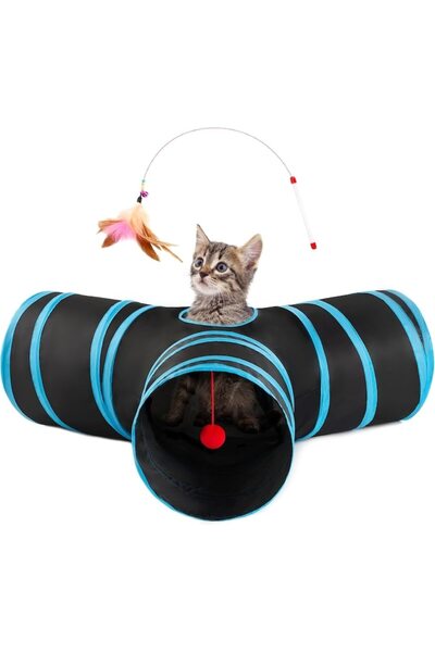 MACVI Tunel pliabil pentru pisici, cu 3 căi, cu clopoței, poliester durabil, portabil, 28x28x5 cm, albastru.