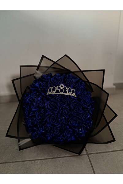 PARSÇİÇEK Gerçek görünümlü saksı mavisi simli taçlı zarif 41’li yapay gül Buket’i
