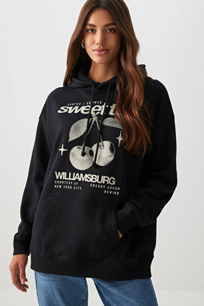 Flaubert - SWEATSHIRT NEGRU IMPRIMAT PENTRU FEMEI, DIN MATERIAL CU 3 FIPI, MĂ...