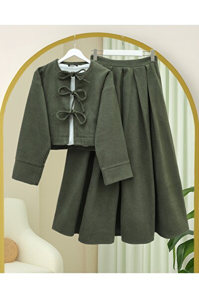 Modamorfo Lace-Up Front Skirted Cashmere Suit - Khaki