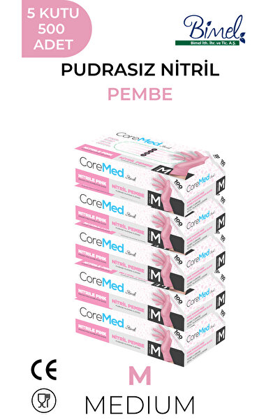 COREMED Nitril Pembe Pudrasız Muayene Eldiveni M - 5 Paket 100 lü