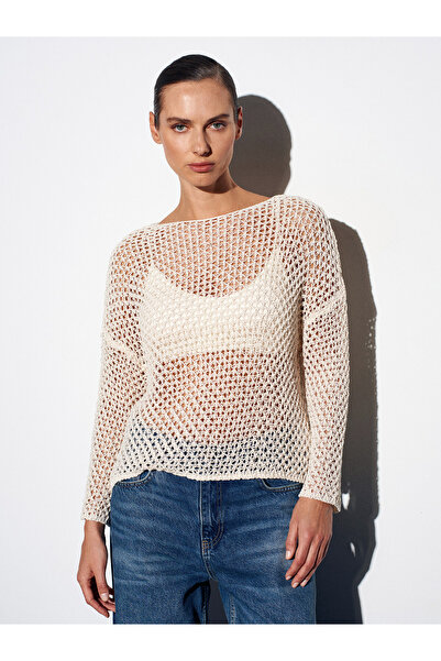 Dilvin 10807 Boat Neck Lace-Like Knit Knitwear Sweater-Ecru