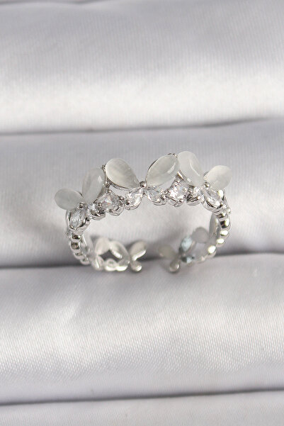 Skygo خاتم نحاسي فضي اللون بحجر الزركون الأبيض المينا على شكل فراشة قابل للتع...