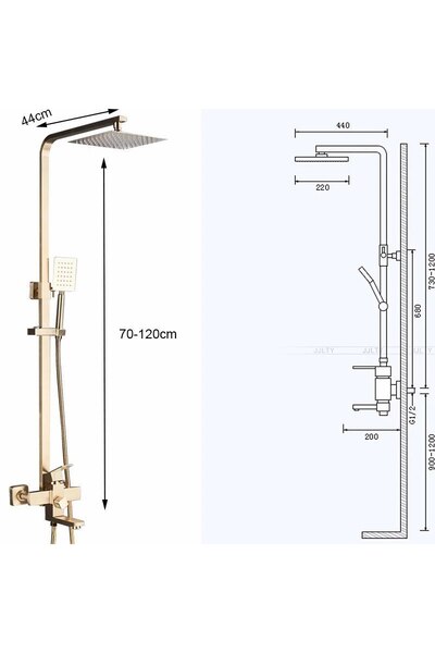 MACVI Coloană de duș ®, 4 funcții, alamă și oțel inoxidabil, 20x20 cm, aurie, reglabilă.
