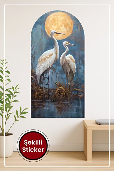 KOSS Dijital Turna Kuşları ve Ay Manzaralı Oval Şekilli Duvar Sticker Doğal H...