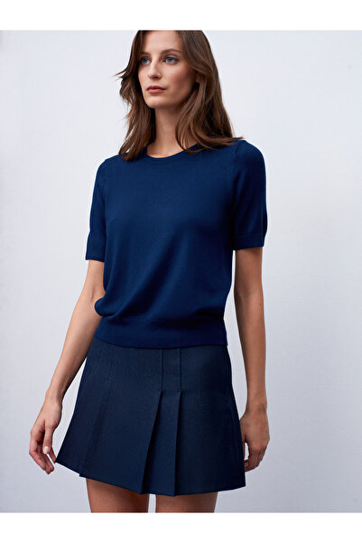 Dilvin 10779 Crew Neck Short Sleeve Knitwear Blouse-Navy Blue