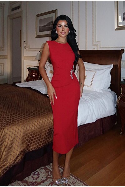 GÜZELLER Kalem Midi Boy Krep Kumaş Broşlu Söz Nikah Nişan Özel Gün Elbisesi Abiyesi