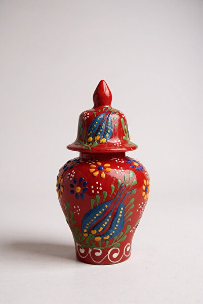 STORESZA El Yapımı Dantel İşçiliği Lale Motifli 15Cm Kırmızı Şah Küp Çini Vazo