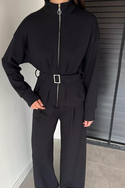 ZehraGül Black Women's Belt Detailed Jacket Waist Elasticated Trousers Two-Piece Set