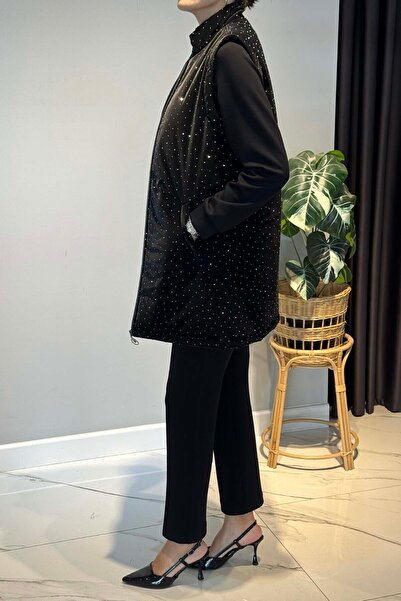 Lale Butik Stone Detail Quilted Vest Set Piece Set 25143 Black