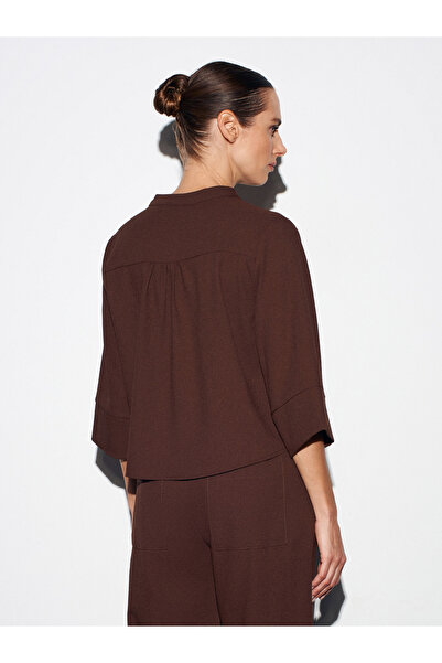 Dilvin 50530 V Yaka Düğmeli Bluz-Kahve