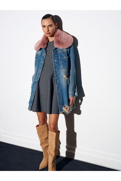 Dilvin 65378 %100 Pamuk Çıkarılabilir Kürklü Kot Ceket-Tint