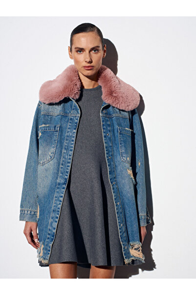 Dilvin 65378 %100 Pamuk Çıkarılabilir Kürklü Kot Ceket-Tint