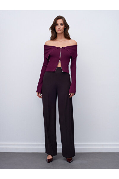 Dilvin 7535 Yanı Fermuarlı Bol Paça Pantolon-Koyu Kahve