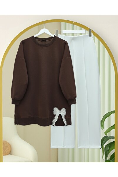 Modamorfo Round Neck Skirt Bow Detail Loose Combed Cotton Tunic - Brown