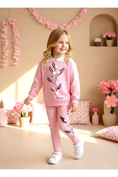 Rose Bonbon Pembe Çiçekli, Beyaz Polo Yaka Detaylı, Kız Çocuk Eşofman Takımı, %100 Pamuklu