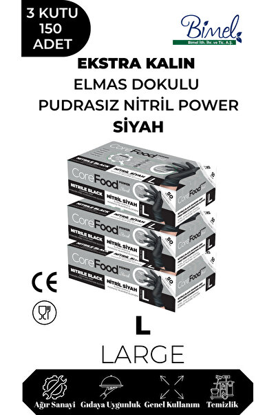 COREFOOD Nitril Siyah Power Muayene Eldiveni L - 3 Paket 50 li