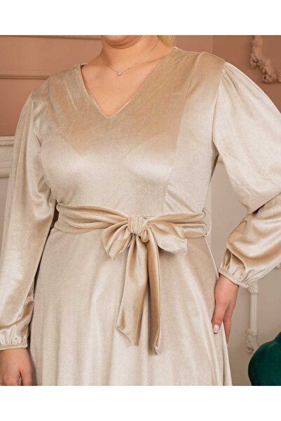 CİXAPLE V-Neck Flared Midi Velvet Dress