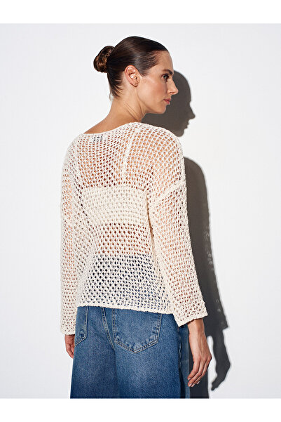 Dilvin 10807 Boat Neck Lace-Like Knit Knitwear Sweater-Ecru