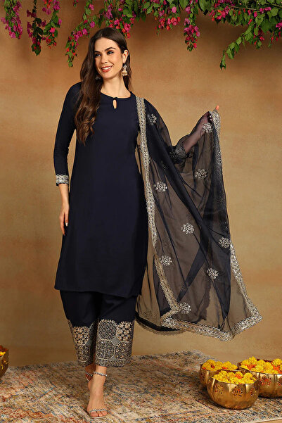 ZERE Navy Blue Silk Blend Solid Embroidered Straight Kurta Set