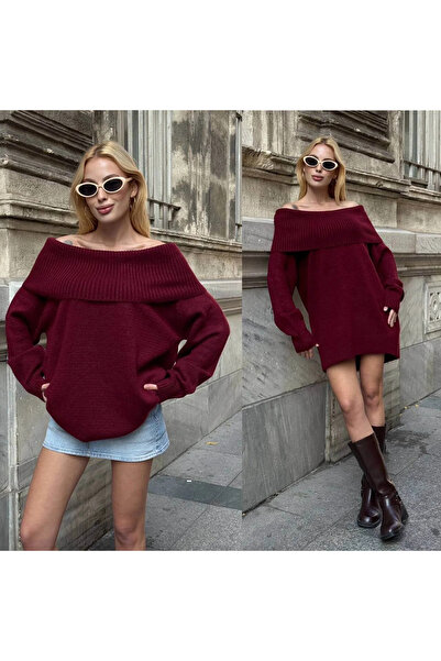 bysoca Kadın Bordo Madonna Yaka Düşük Omuz Oversize Salaş Kesim Kalın Triko Kazak Elbise