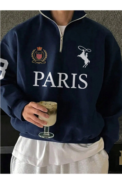 MOONBULL Erkek Paris Baskılı Dik Yaka Fermuarlı Kışlık Uzun Kollu Sweatshirt