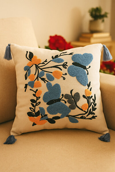 Sepetorium Mavi Çiçek Desenli Punch Boho Kırlent Kılıfı – Püsküllü Dekoratif Yastık
