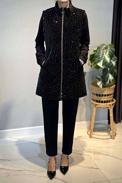 Lale Butik Stone Detail Quilted Vest Set Piece Set 25143 Black