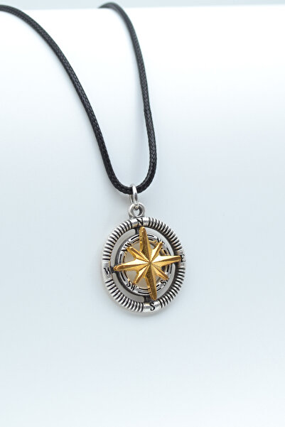 ıdr Pusula Gümüş Kaplama Deri İp Kolye