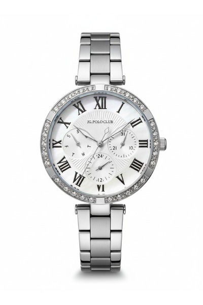 JG. Polo Club Women's Wristwatch Silver Color, White Dial - Stylish Metal Ban...