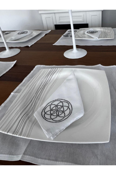 Menar Tasarım Service Presentation Napkin 6 Pieces Fabric Napkin Service Napkin Flower of Life Embroidered Fabric