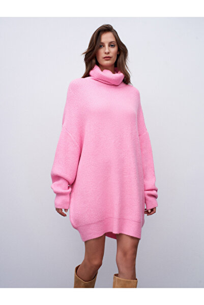 Dilvin 2268 Turtleneck Oversized Sweater-Light Pink