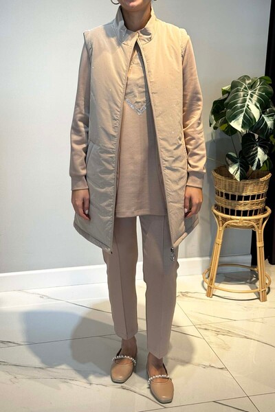 Lale Butik Stone Detail Quilted Vest Set Piece Set 25143 Beige